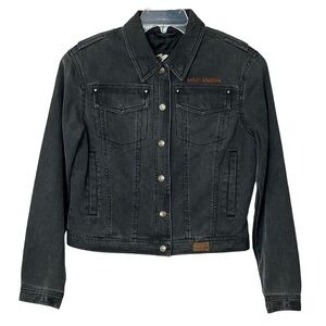 Harley Davidson Snap Front Cropped Moto Jacket  with Made in Milwaukee P…